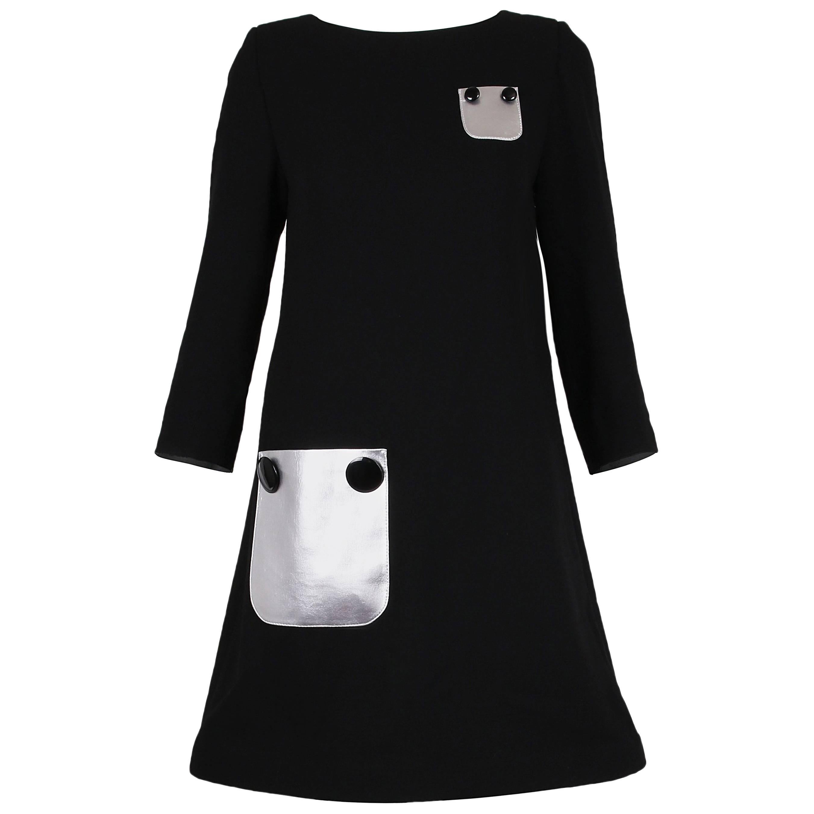 Pierre Cardin Haute Couture Mod Black Cocktail Dress w/Silver Pleather Pockets