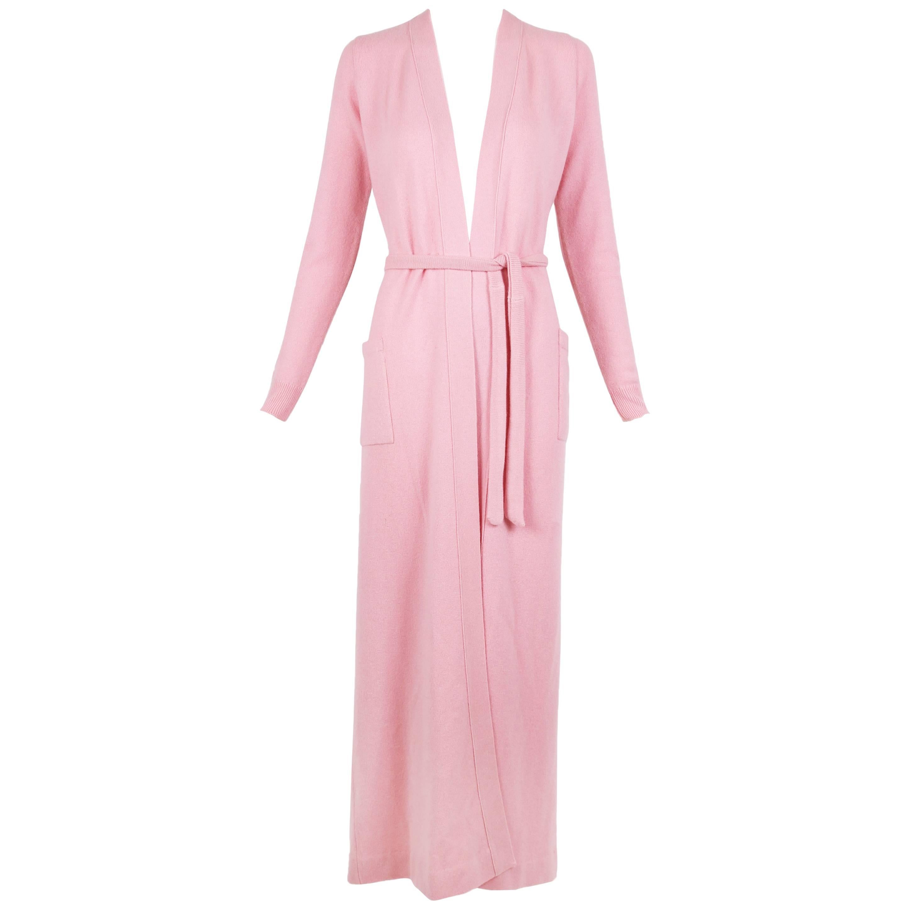 1970's Halston Pink Cashmere Floor Length Belted Cardigan Robe