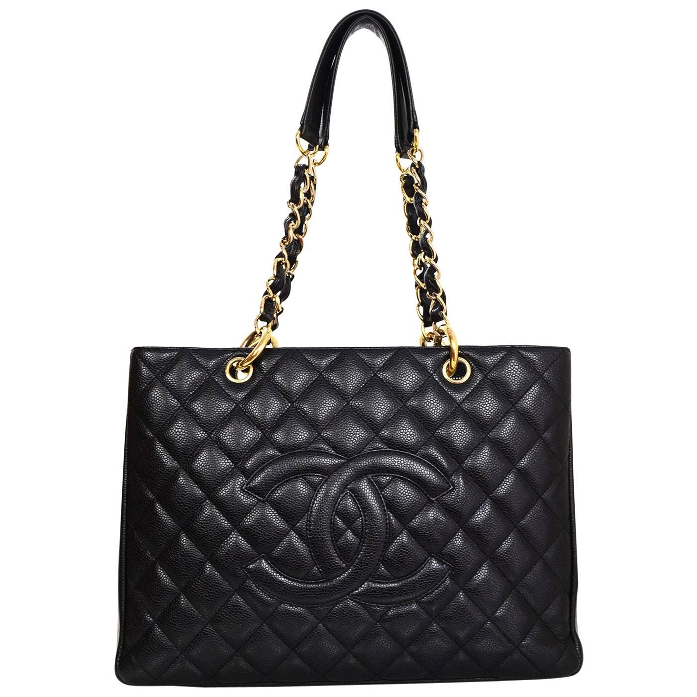 Chanel DISCONTINUED Black Caviar Leather GST Grand Shopper Tote Bag