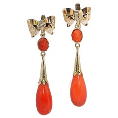 Estate 1890's Mediterranean Coral & Diamond Torpedo 18K Earrings