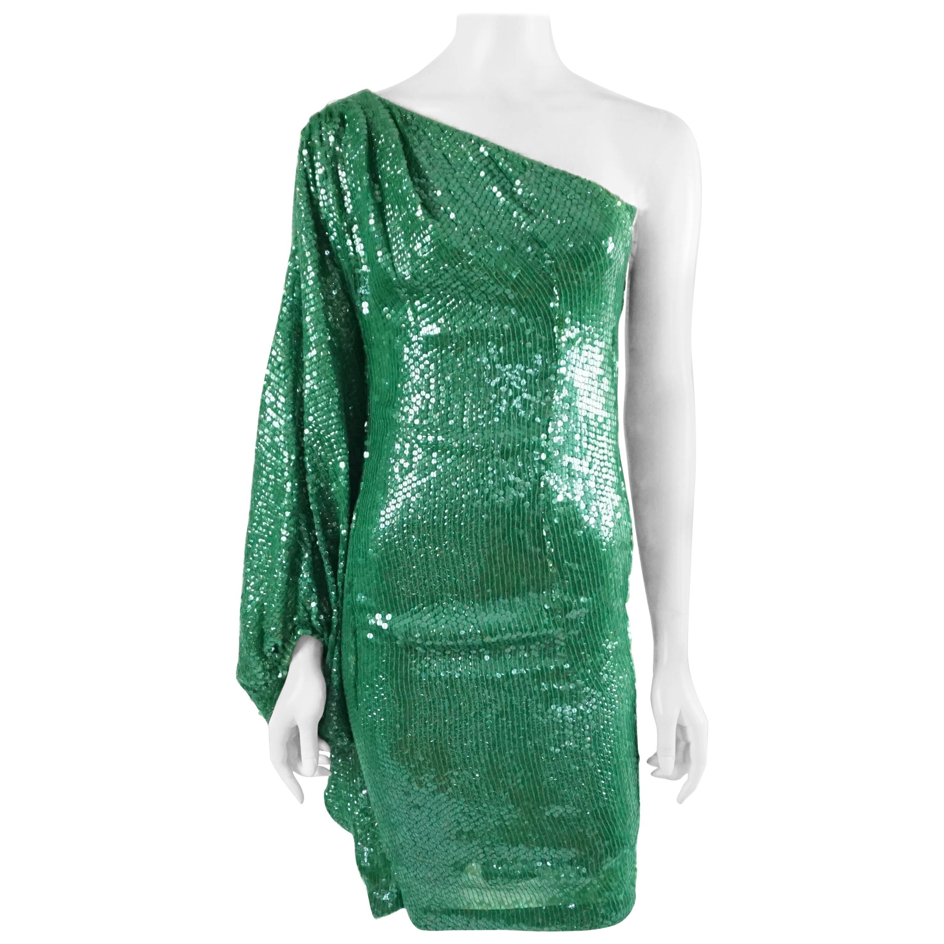 Naeem Khan Green Sequin One Shoulder Cocktail Dress - S