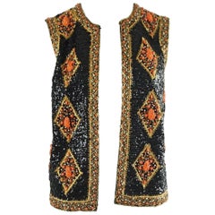 Saks Vintage Black, Orange, and Gold Fully Beaded Vest - M - 1960's 2