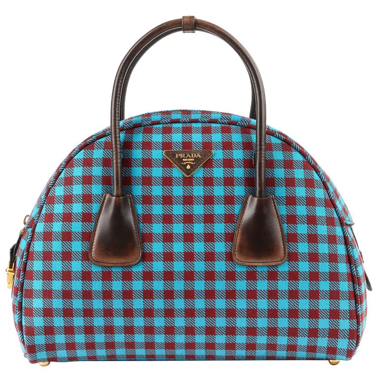 Prada A W 2017 Vichy Check Jacquard Turquoise And Red Gingham Prada A W 2017 Vichy Check Jacquard Turquoise Red Gingham Bowler Bag