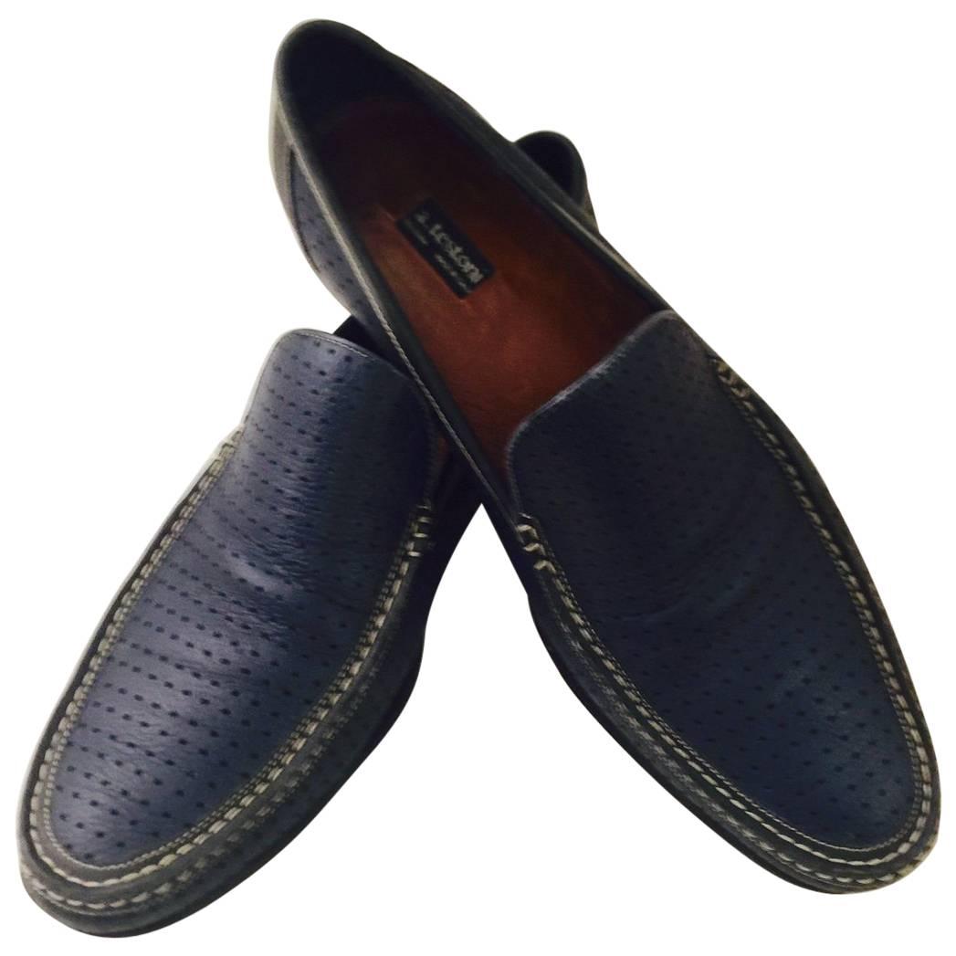 Men's A. Testoni Perforated Leather and hand stitch loafers in Navy Sz 10 1/2