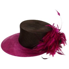 Philip Treacy NEW Pink & Brown Woven Hat with Feathers 3