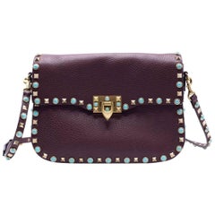 Valentino Turquoise 'Rockstud' Rolling Medium Burgundy Shoulder Bag