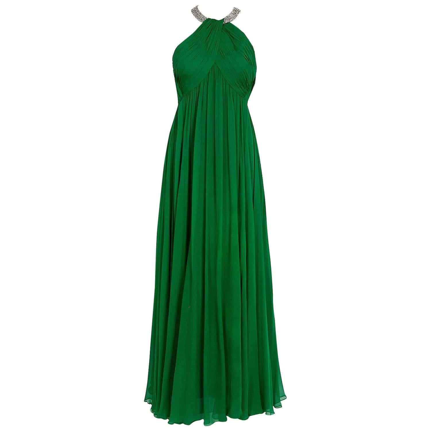 1960's Malcolm Starr Emerald-Green Draped Silk Chiffon Rhinestone Goddess Gown 