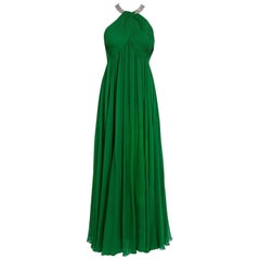 1960's Malcolm Starr Emerald-Green Draped Silk Chiffon Rhinestone Goddess Gown 8