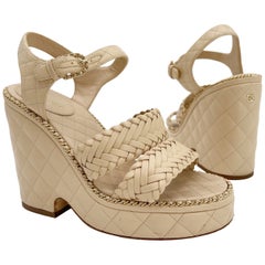 Chanel Spring 2015 Beige Quilted Leather Chain CC Platform Wedge Sandals EU 39