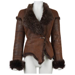 Plein Sud Early 2000s Brown Leather & Genuine Fur Fitted Jacket