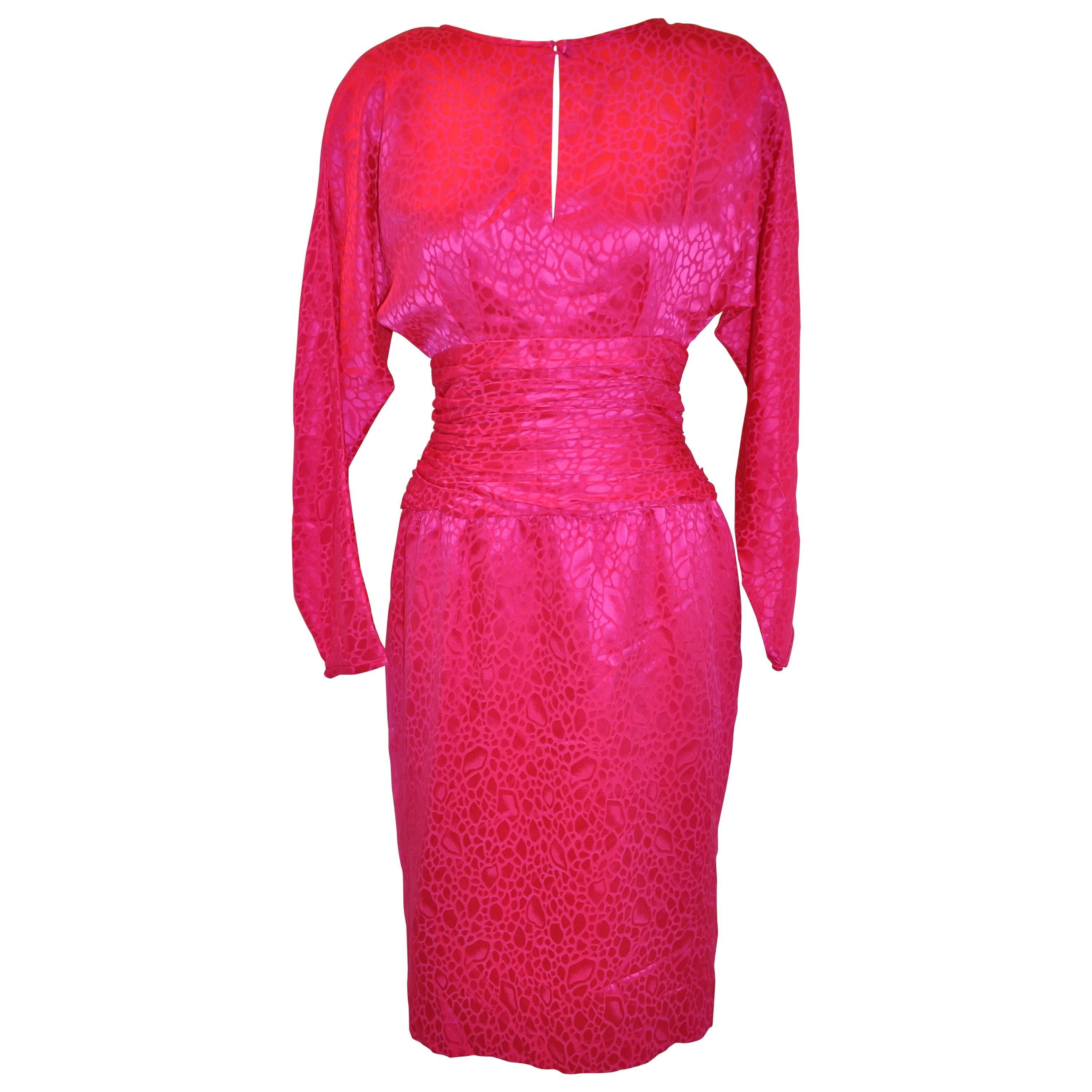 Flora Kung Fuchsia Multi-Tier Train & Bow Silk Cocktail Evening Dress