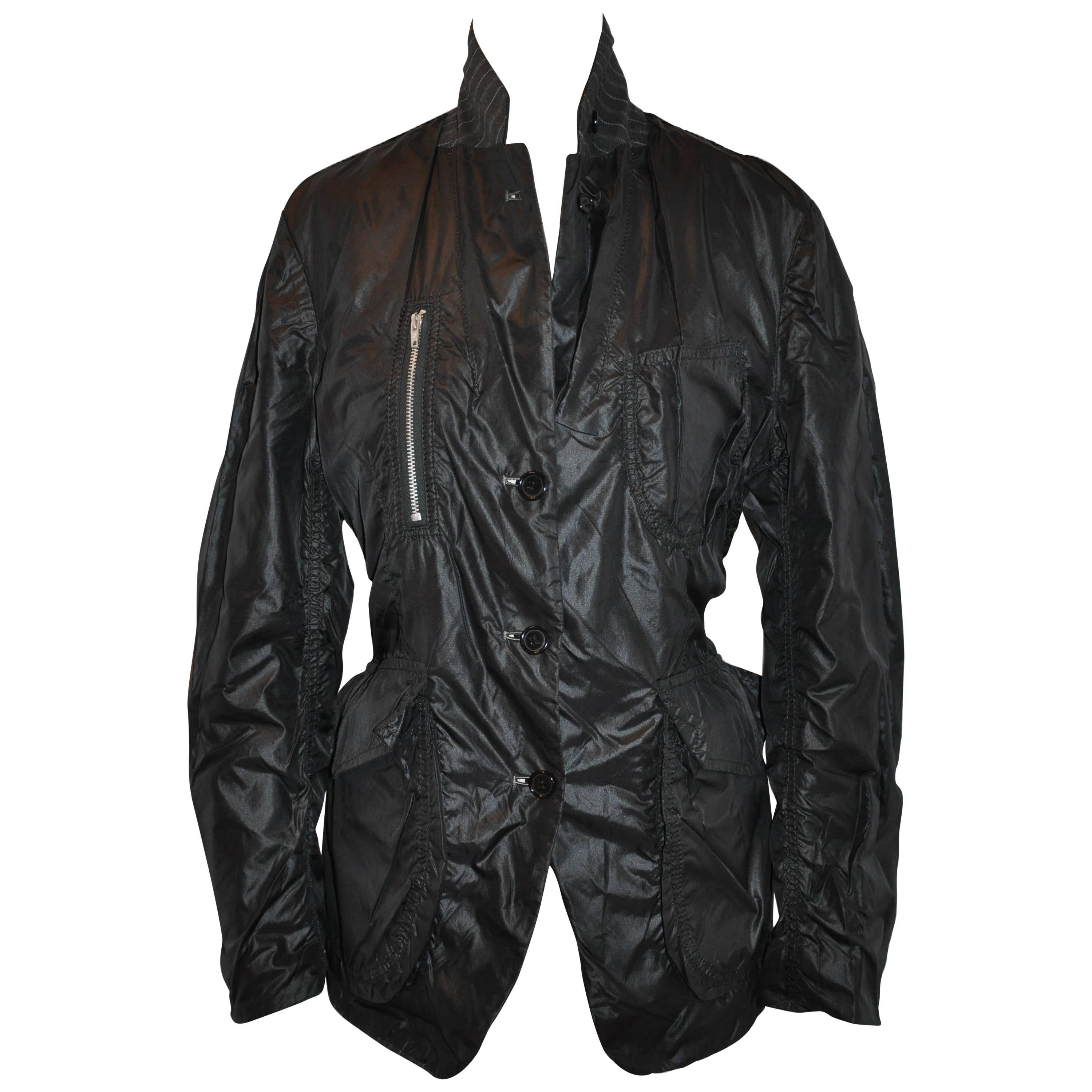 Comme des Garcons Reversible Black Nylon/Midnight Blue Pinstripe Linen Jacket For Sale