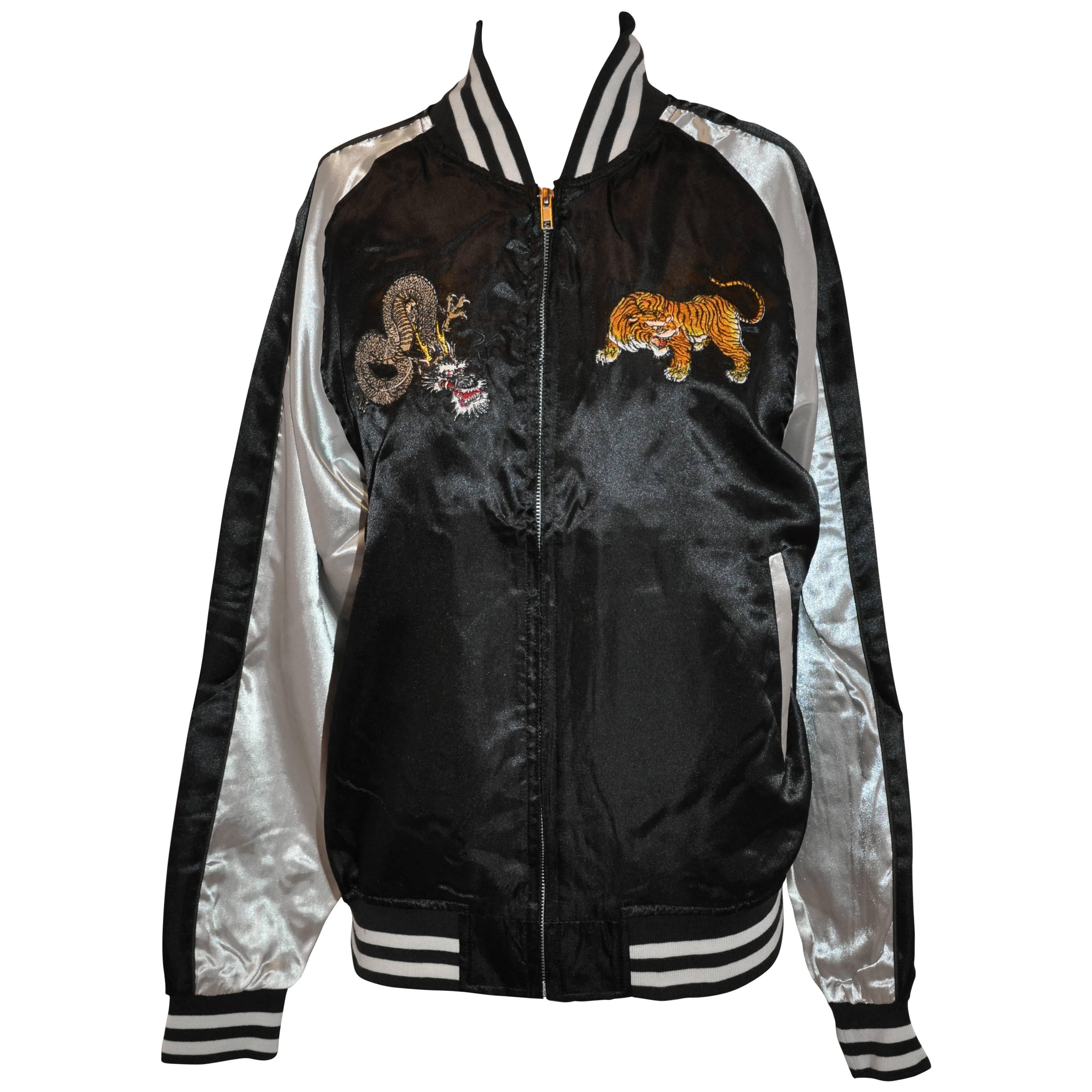 Japanese Ivory & Black Satin Fully Lined Hand-Embroidered Bomber Jacket For Sale