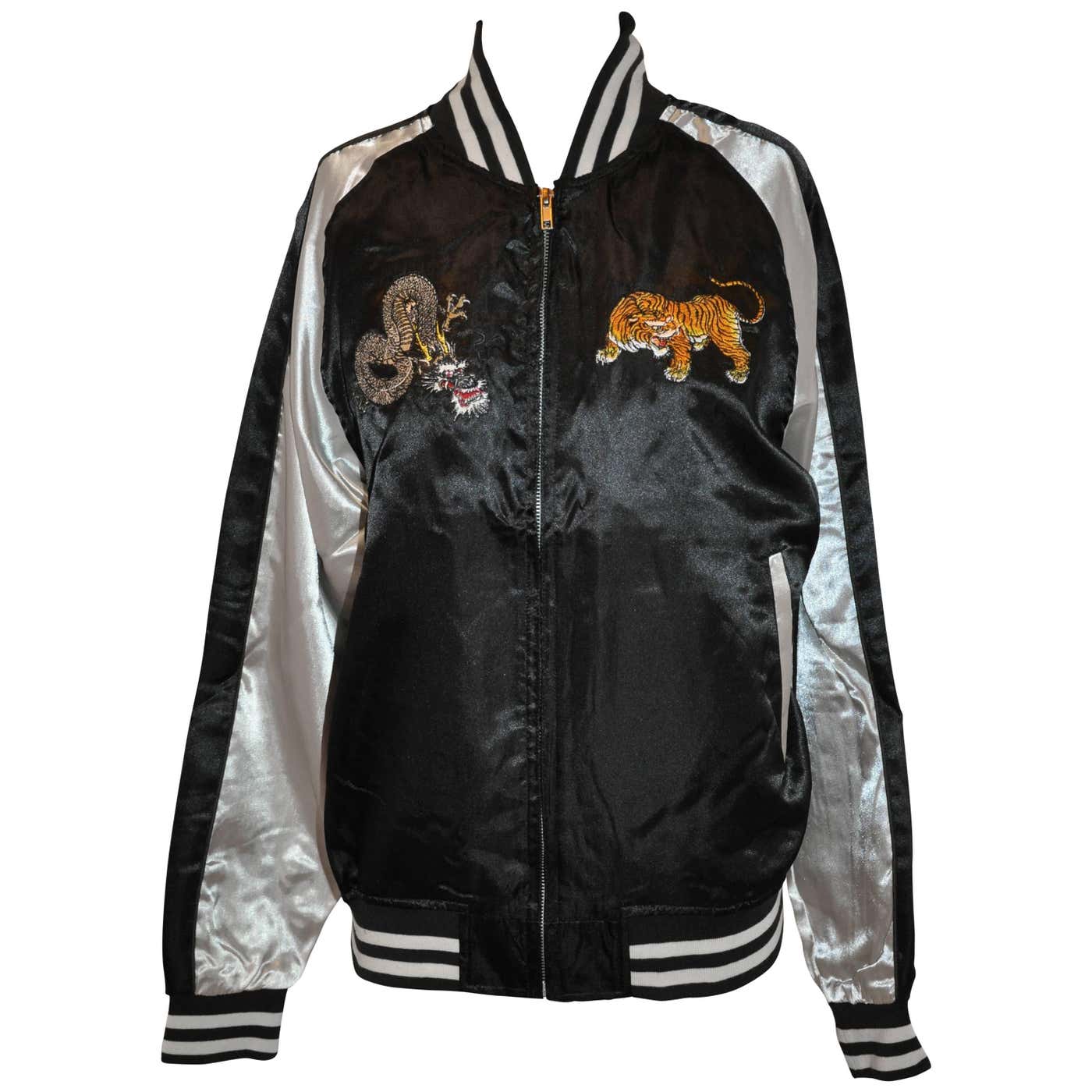 Japanese Ivory and Black Satin Fully Lined Hand-Embroidered Bomber ...