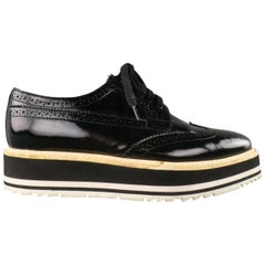 PRADA Size 6 Black Patent Leather Wingtip Platform Brougues