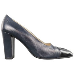 Vintage CHANEL Size 7.5 Navy & Black Leather Cap Toe Pumps