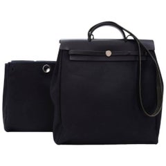 Hermes Herbag MM 2 in 1 Black Canvas Leather Shoulder Hand Bag 