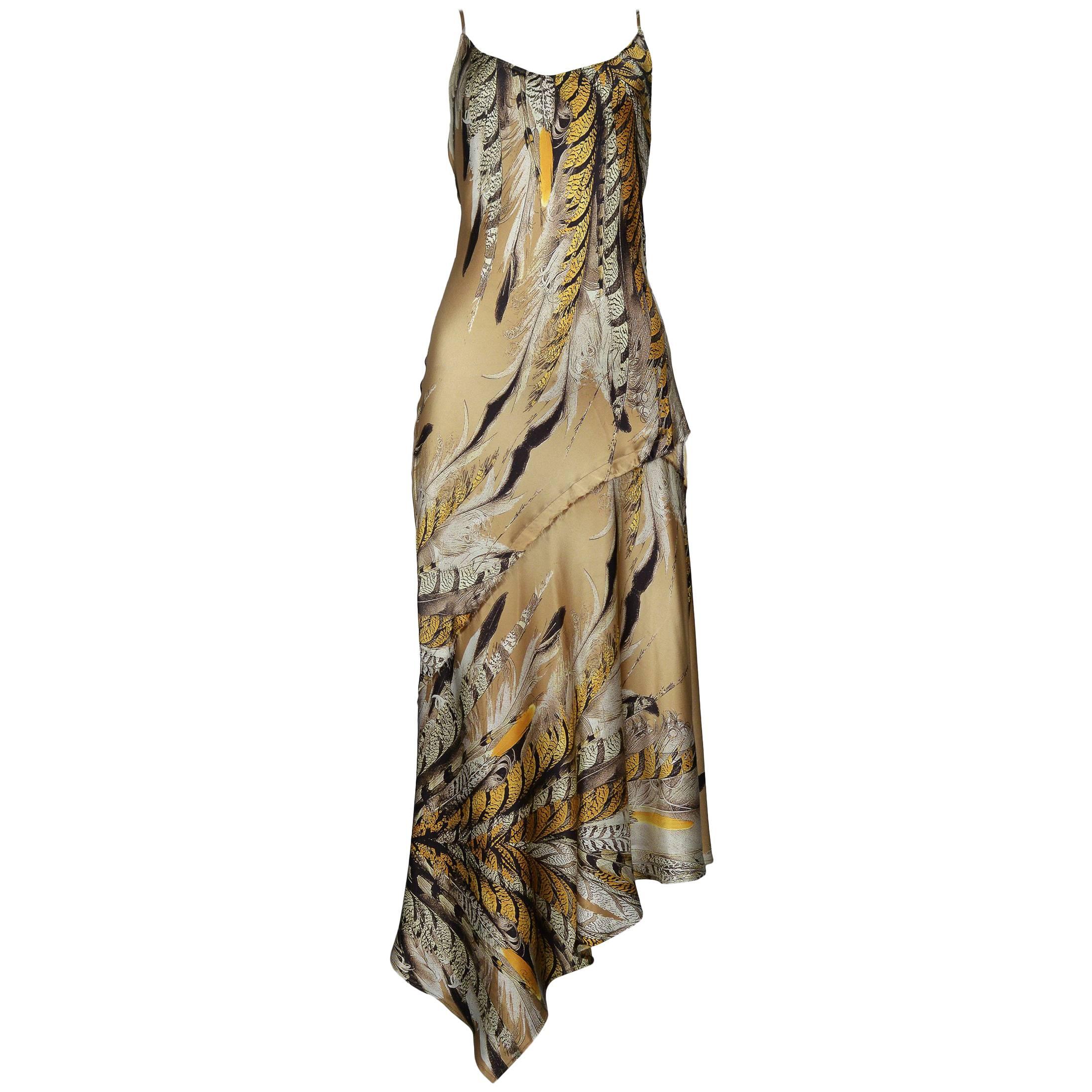 Roberto Cavalli Satin Feather Slip Dress With Open Cowl Back & Asymmetrical Hem