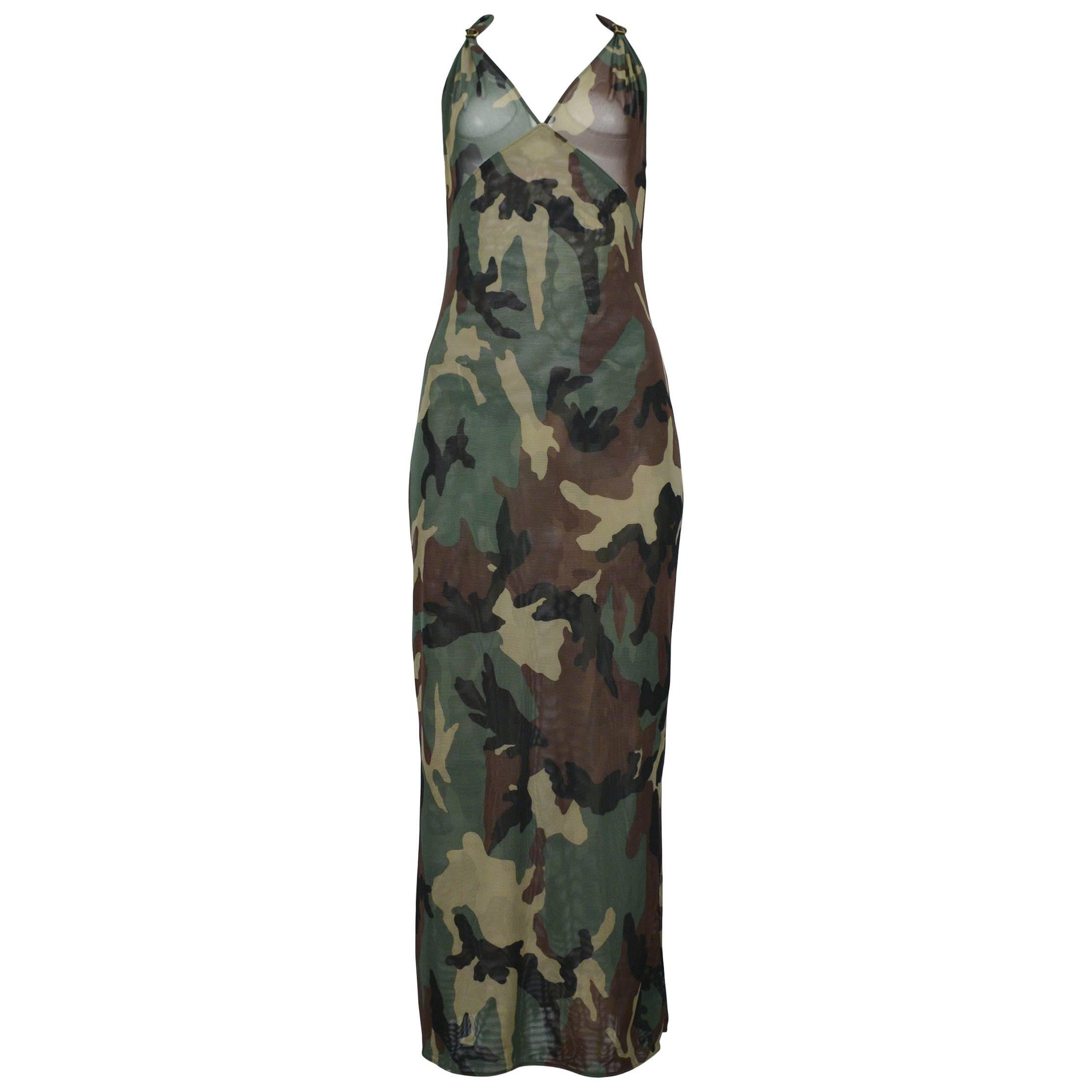 Dior By John Galliano Camouflage Mesh Halter Gown with "D" Hardware 2001 