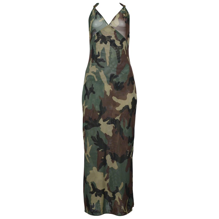 Dior By John Galliano Camouflage Mesh Halter Gown with "D" Hardware 2001