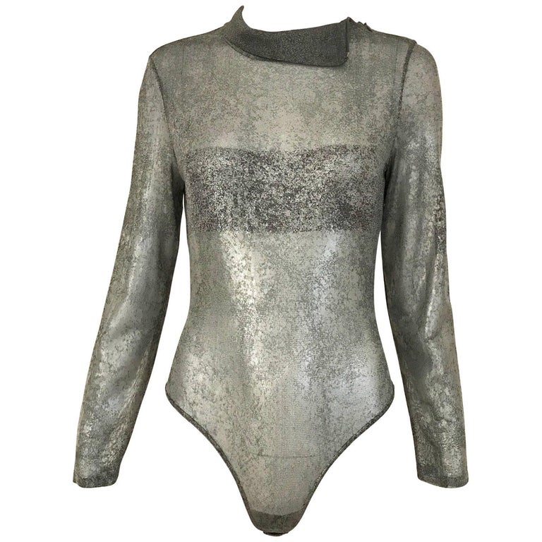 Vintage GIANFRANCO FERRE Silver Grey Metallic Bodysuit at 1stDibs | silver  bodysuit