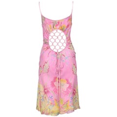Valentino Rosa & Gelb Floral Seide Kleid mit rosa Satinband Gitter zurück 2004