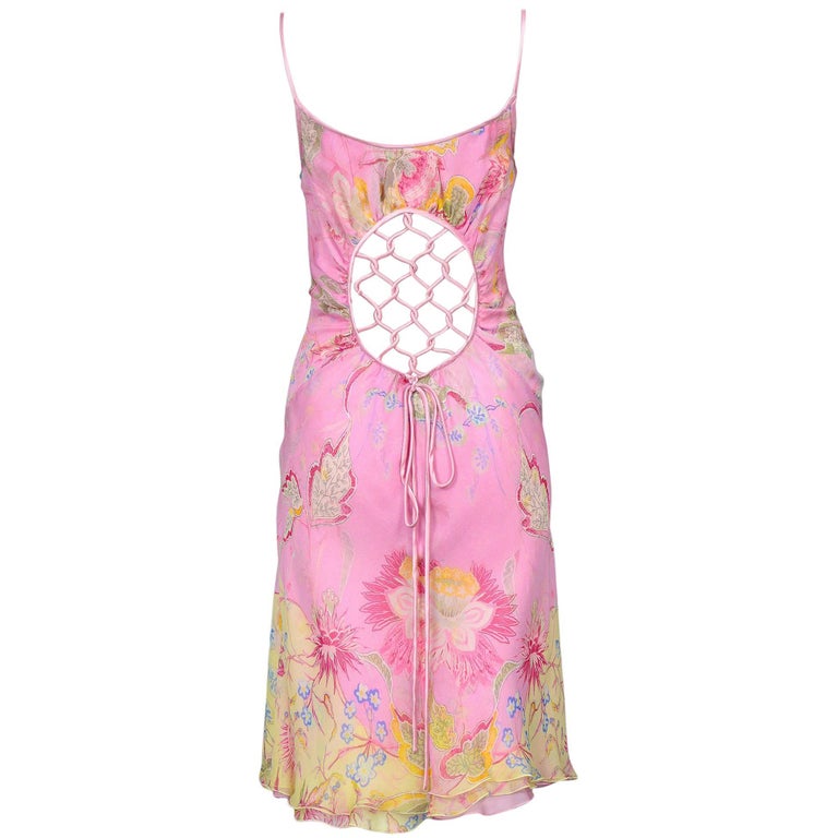 Valentino Pink and Yellow Floral Silk Dress w Pink Satin Ribbon Lattice  Back 2004 For Sale at 1stDibs | valentino 2004