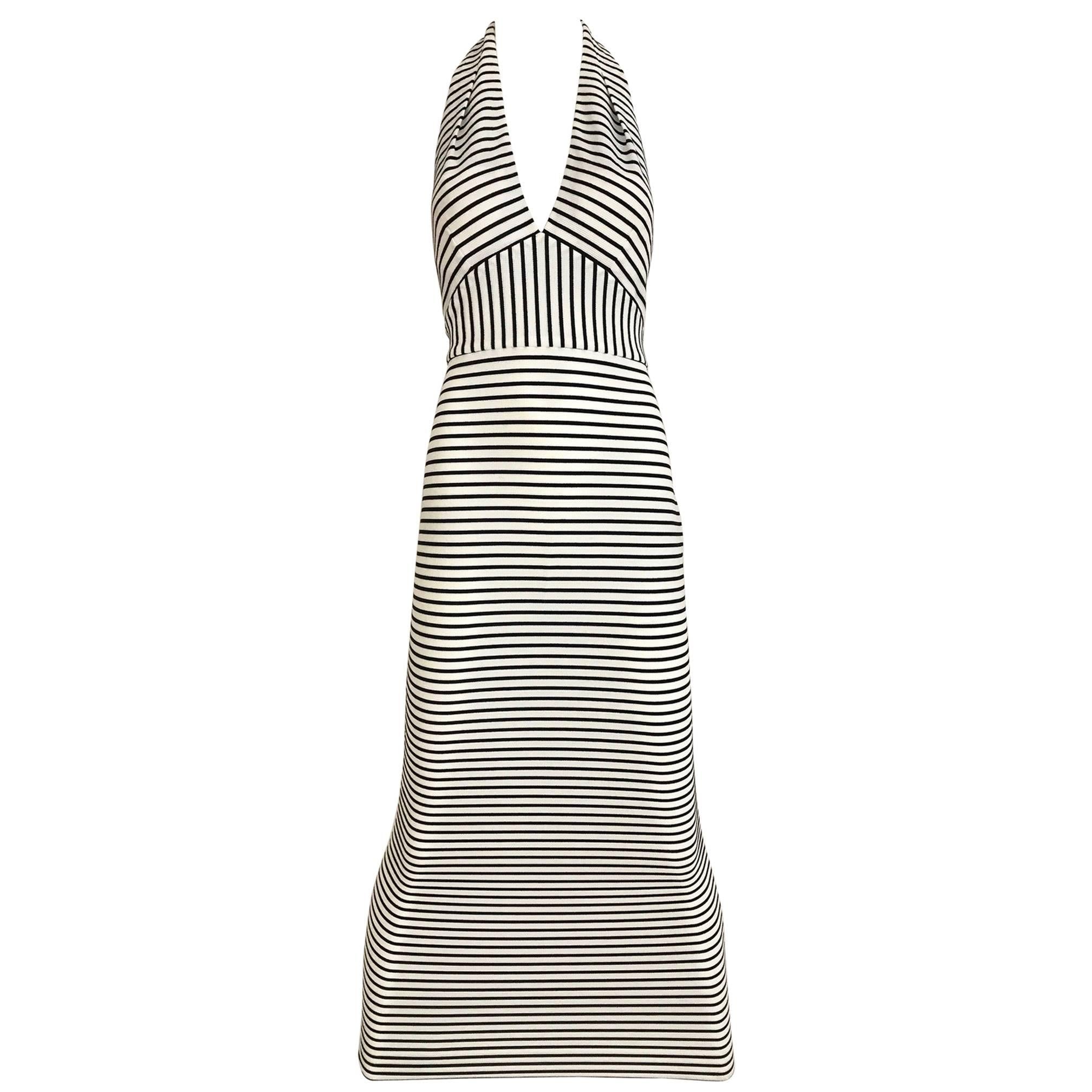 1990s Karl Lagerfeld Black and White Stripe Knit Halter Summer Dress