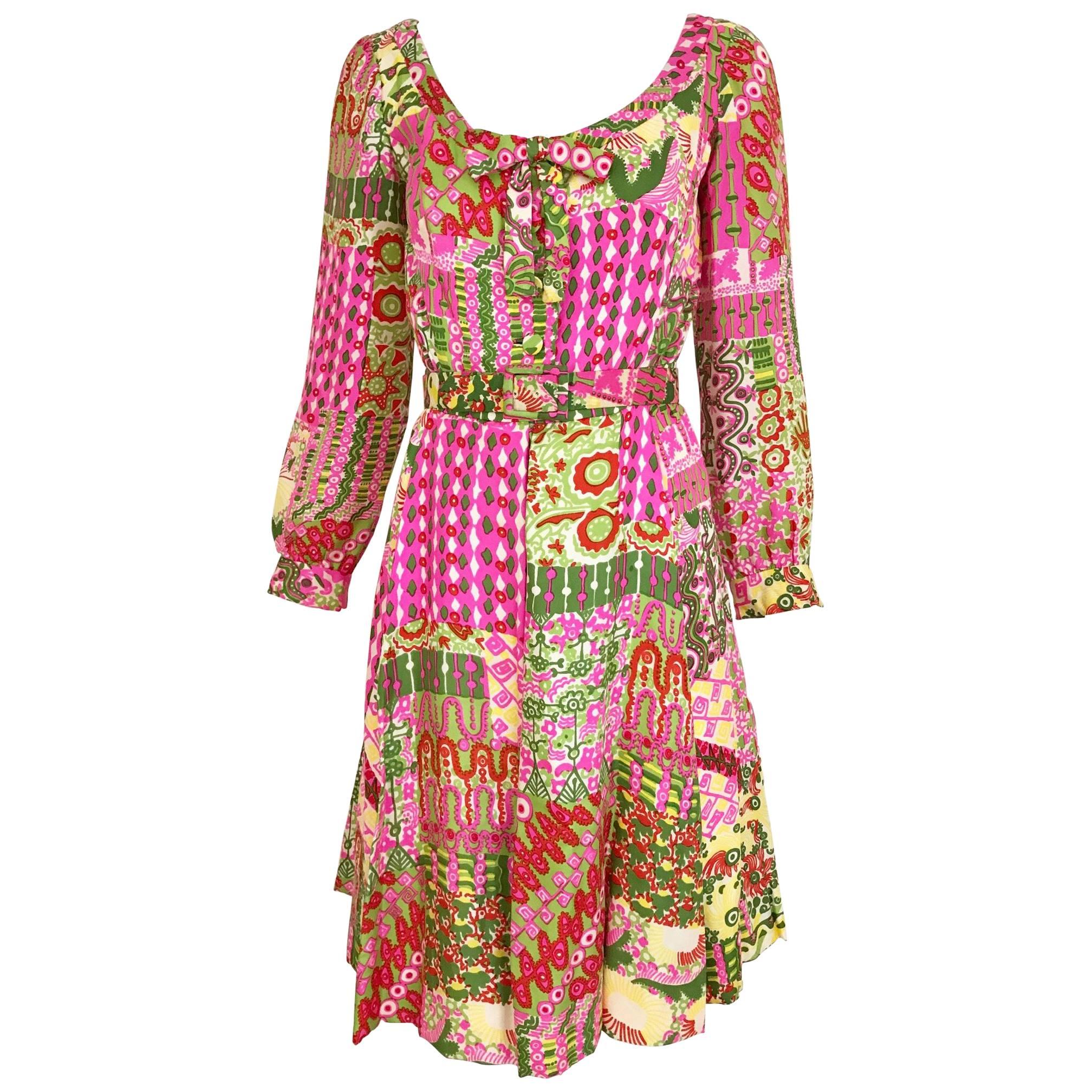 Vintage 1960s Pink and Green Vibrant Psychedelic Print Silk 60s Dress 