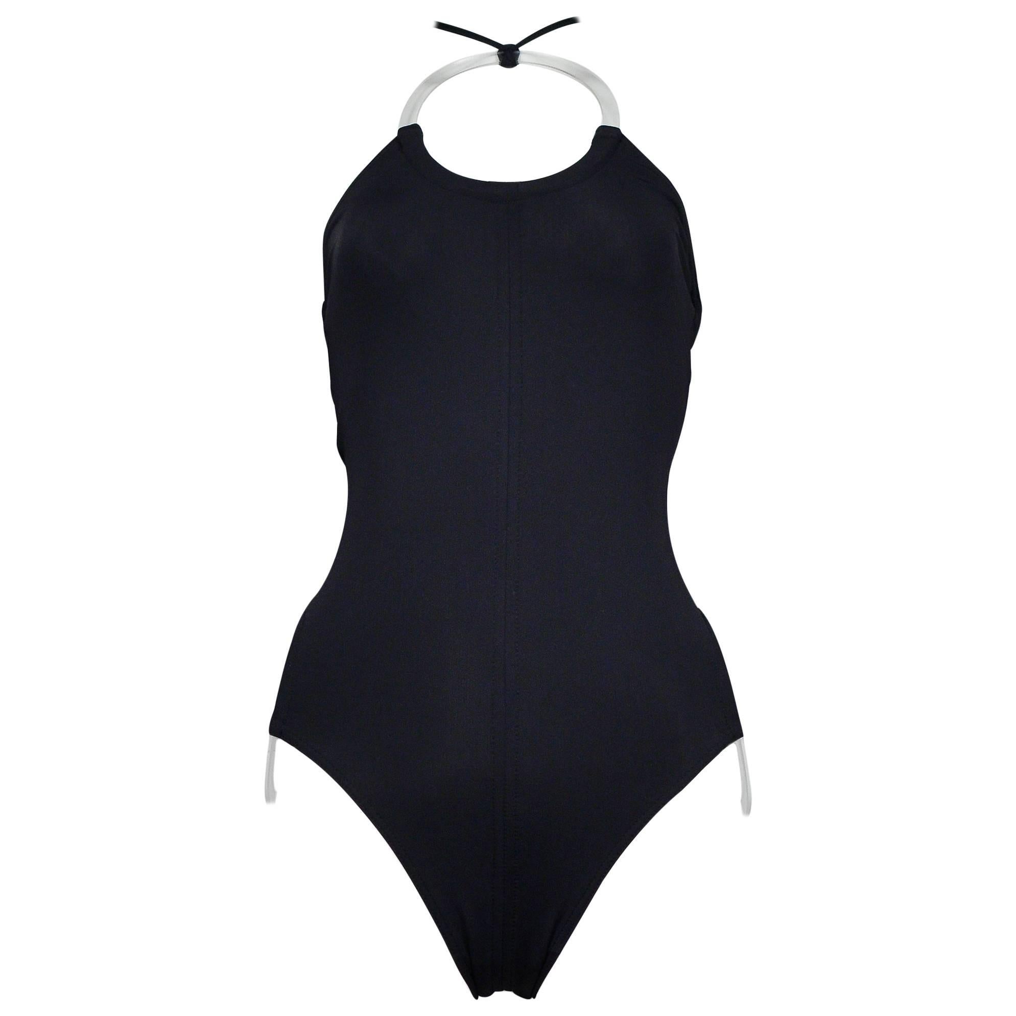 Paco Rabanne Never Worn Futuristic Black Swimsuit w Clear Plastic Discs