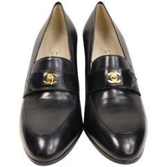 Chanel Black Lambskin Leather Gold Toned "CC" Logo Pointy Shoes Heels 12