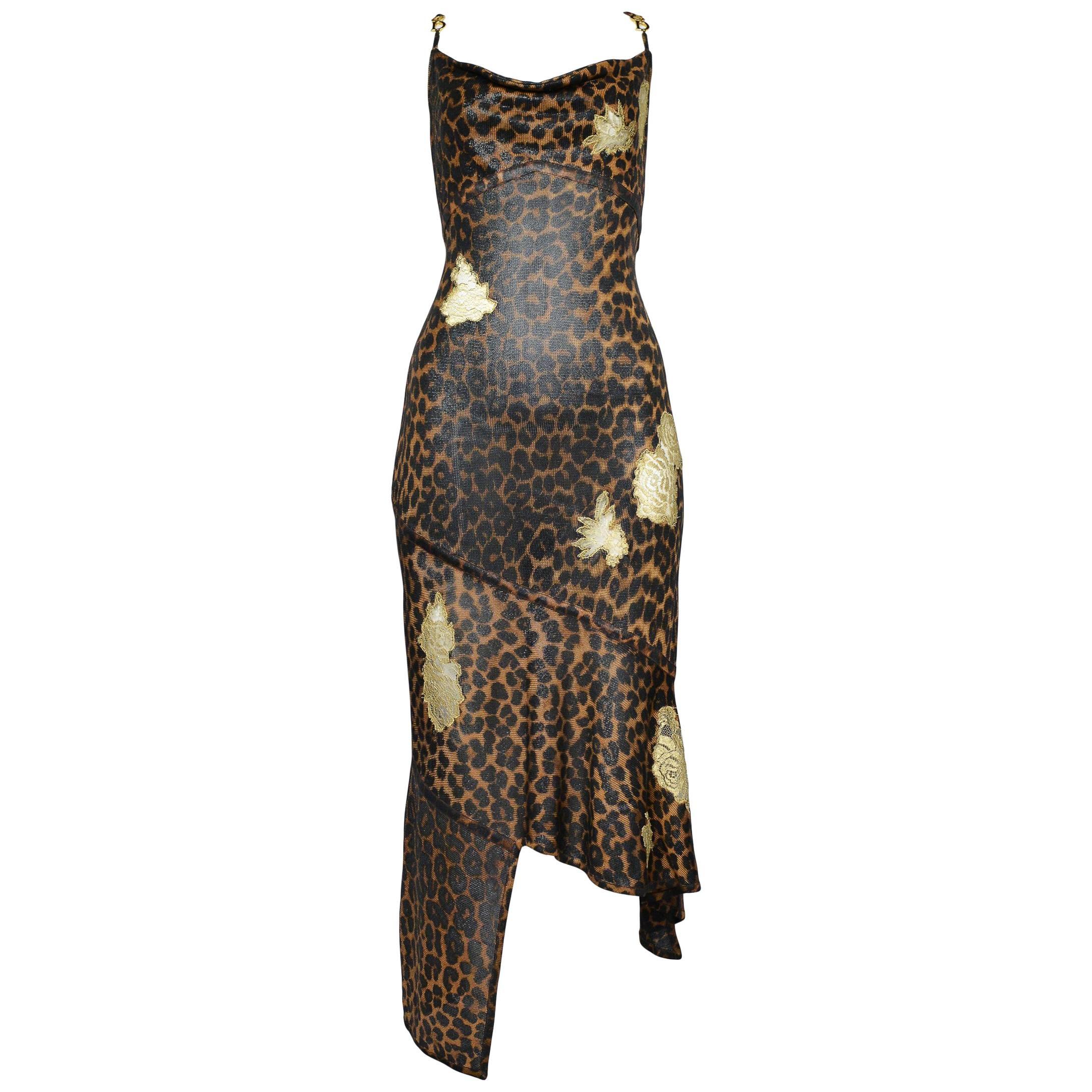 Dior by Galliano Leopard Metallic Knit Dress w Lace Applique & "CD" Charms 2000