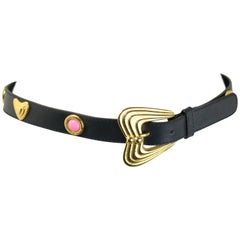 Escada Black Leather with Gold Toned Heart Shaped Charms and Pink Stones Belt 