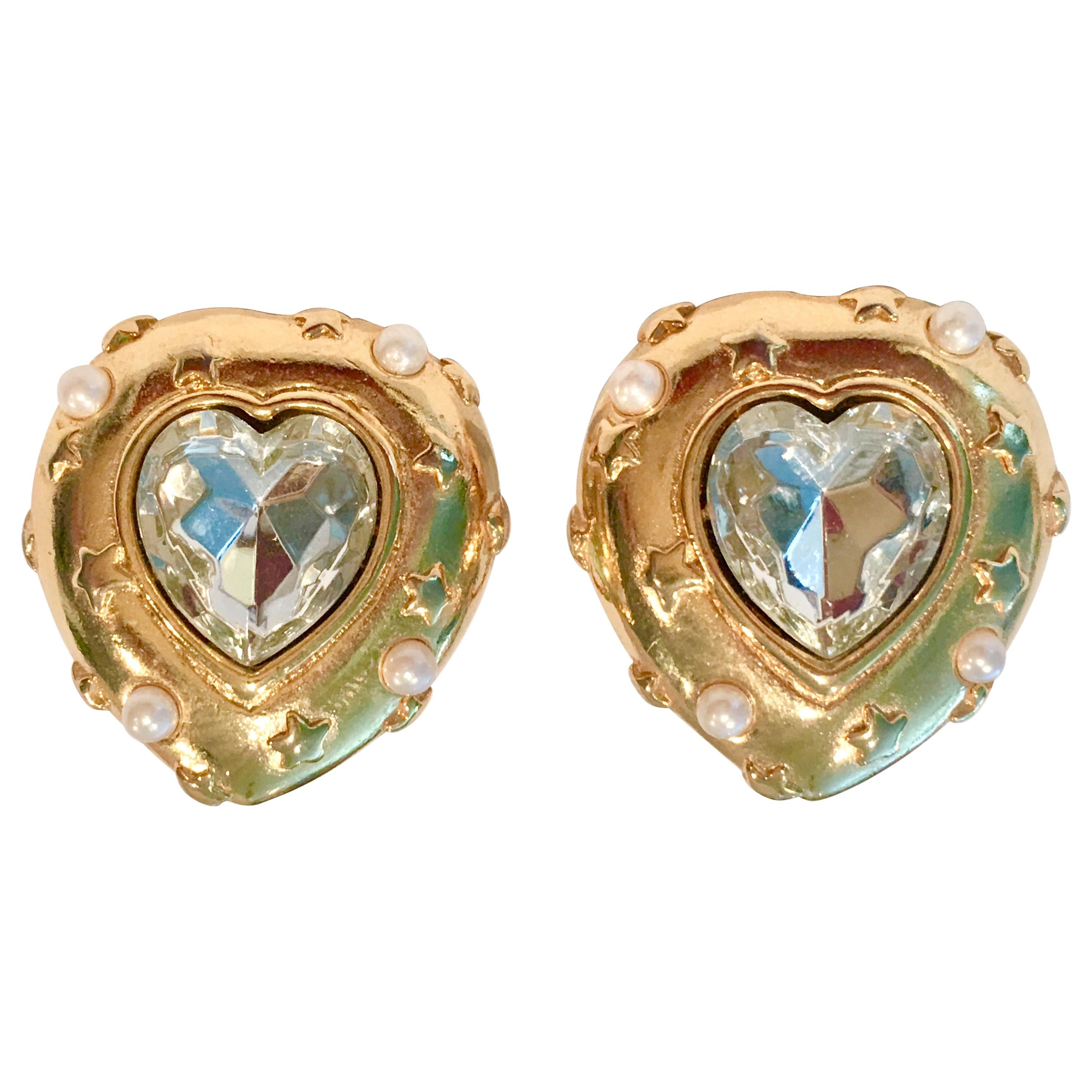 80'S Gold & Swarovski Crystal Heart & Star Earrings By, Trifari