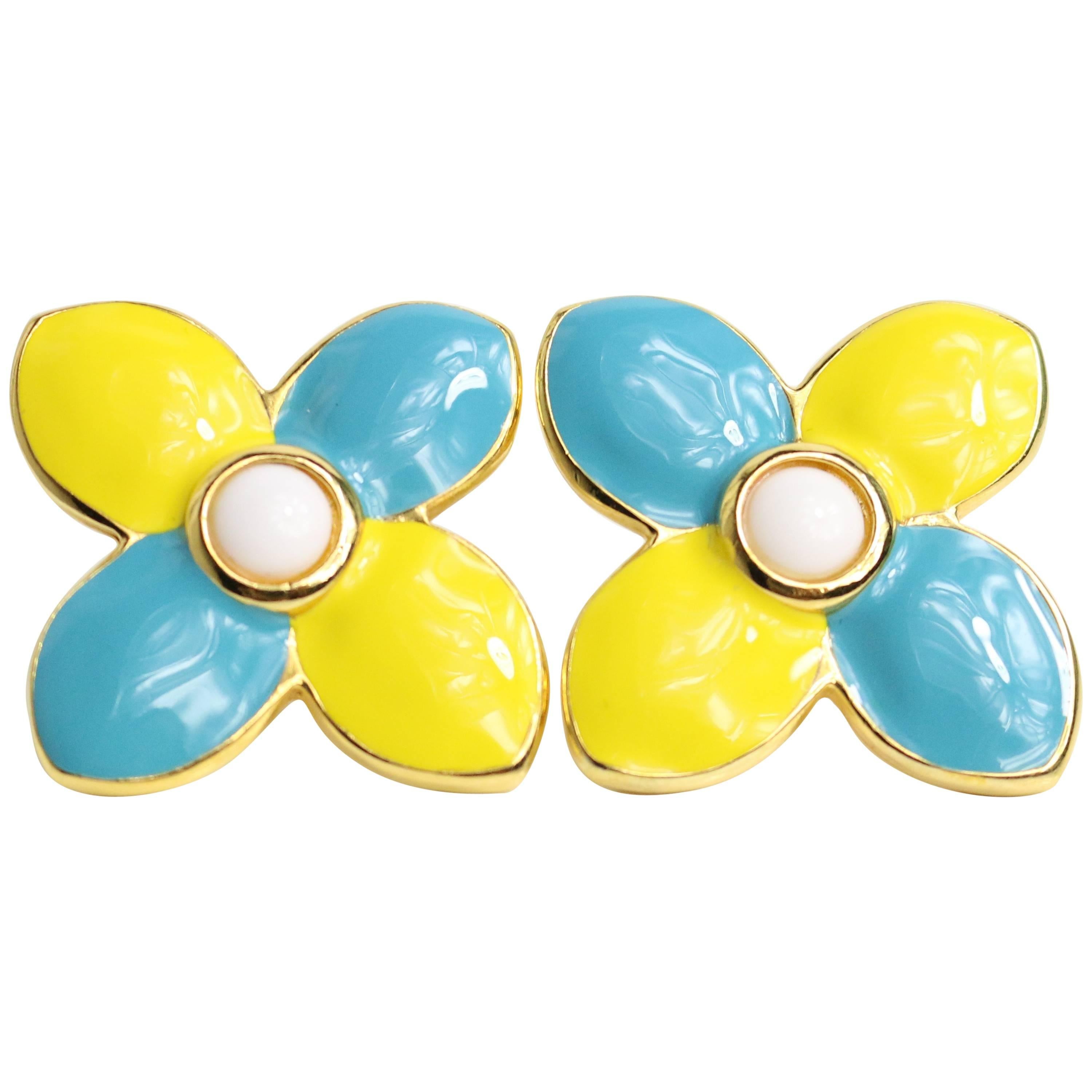 Escada Yellow and Light Blue Clovers Gemstones Clip On Earrings