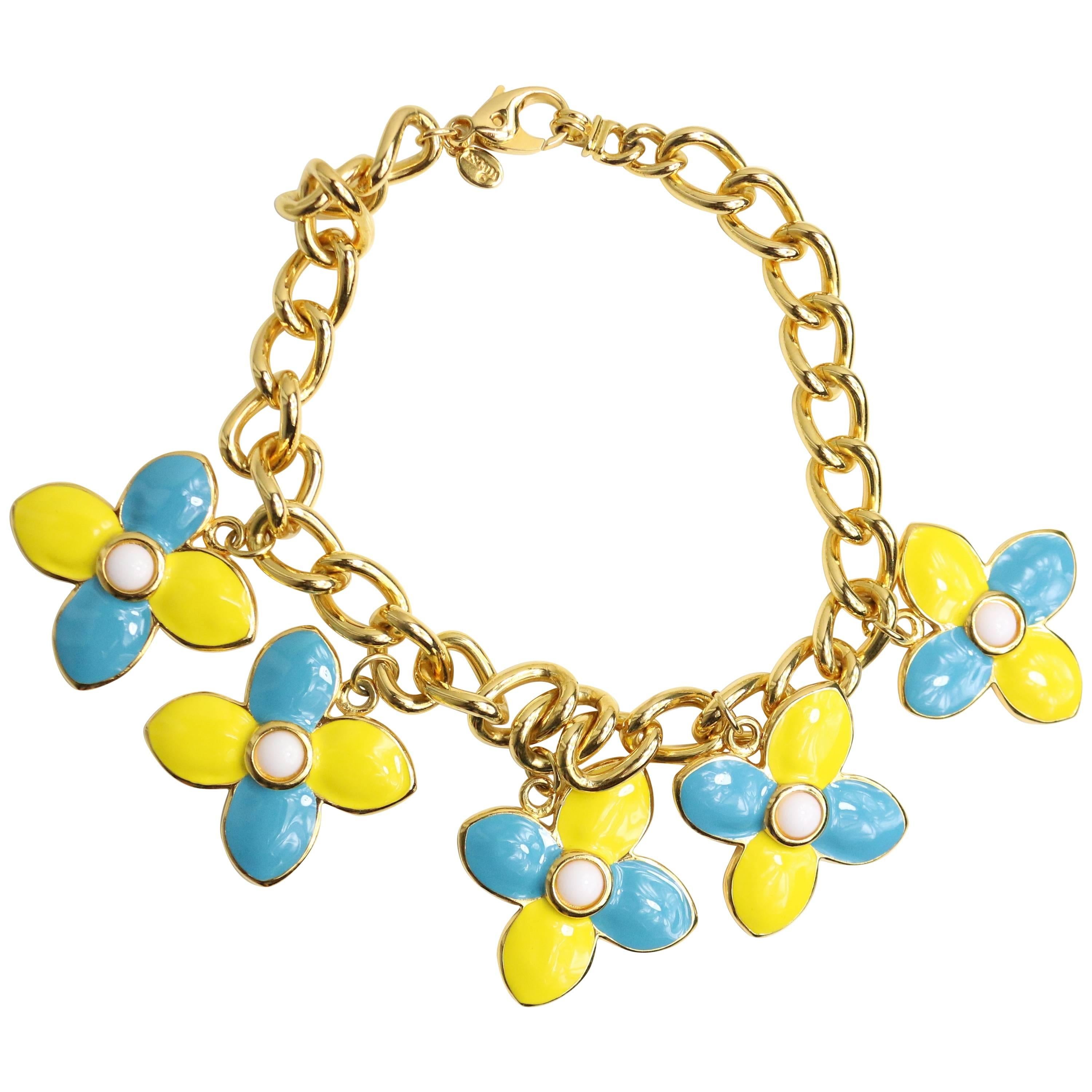Escada Yellow and Light Blue Clovers Gemstones Gold Chain Necklace