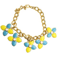 Escada Yellow and Light Blue Clovers Gemstones Gold Chain Necklace