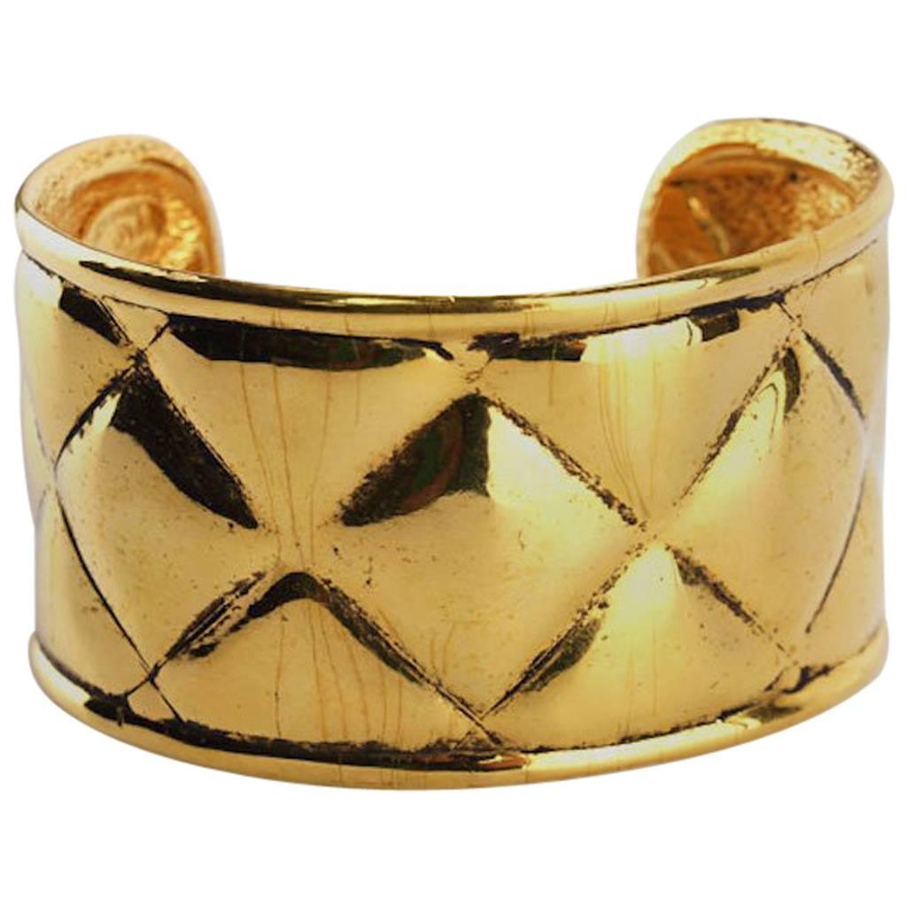Chanel Gold Toned Plate Quilted Wild Cuff Bangle 