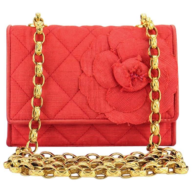 Chanel Red Silk and Satin Quilted Camellia Gold Chain Shoulder Bag