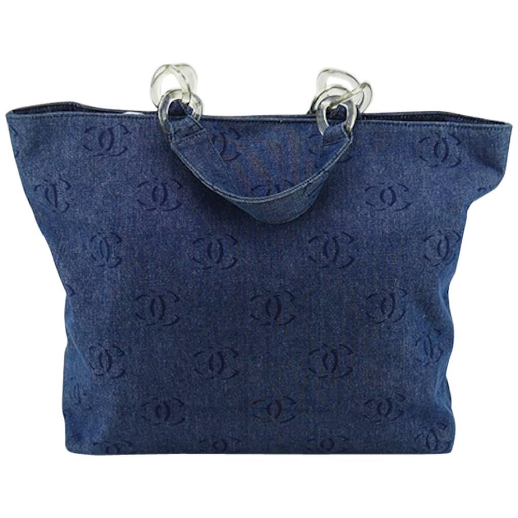 Chanel Blue Denim "CC" Printed Pattern Tote Bag