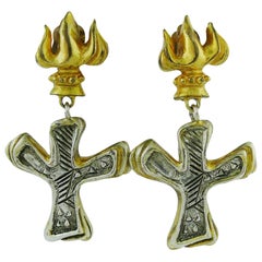 Christian Lacroix Vintage Two Tone Flame Cross Dangle Earrings
