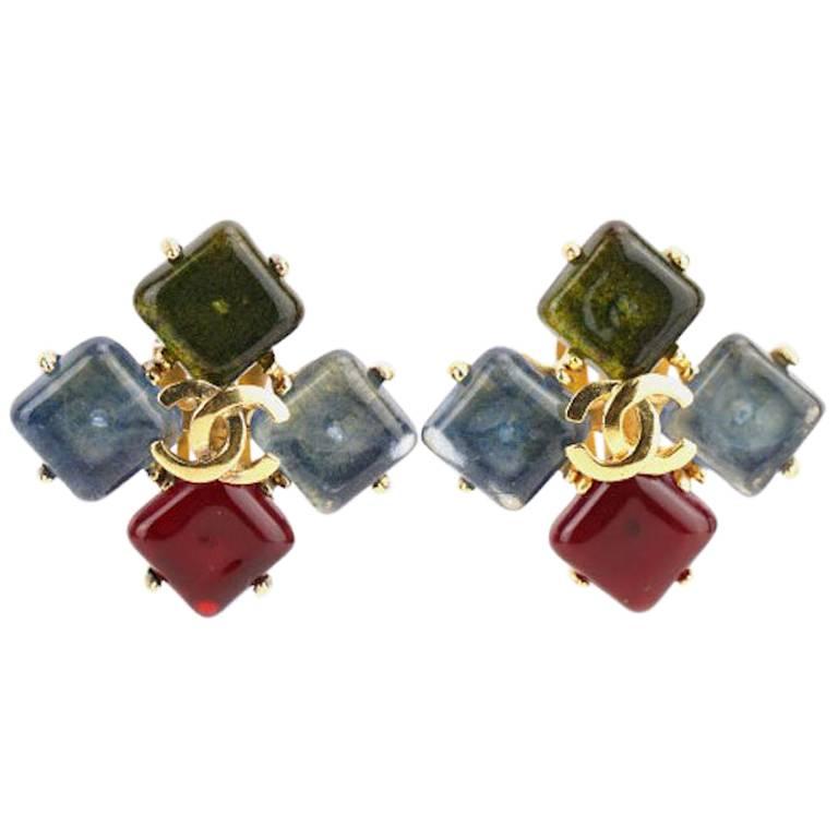 Chanel Gold Plated Square Multi Colour Gripoix with "CC" Clip On Earrings