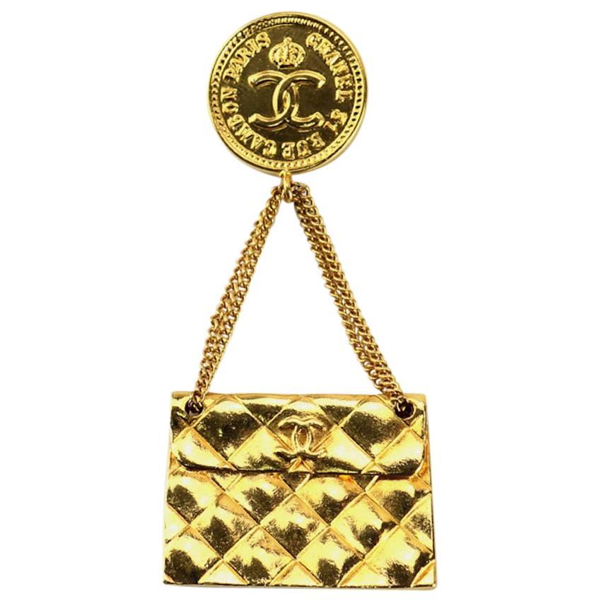 Chanel Gold Plated Quilted Flap Bag Drop Pendant Pin Brooch 