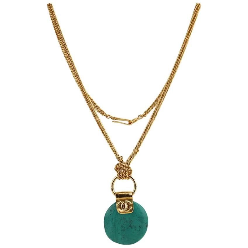 Chanel Turquoise Stone Pendant Gold Toned Chain Necklace