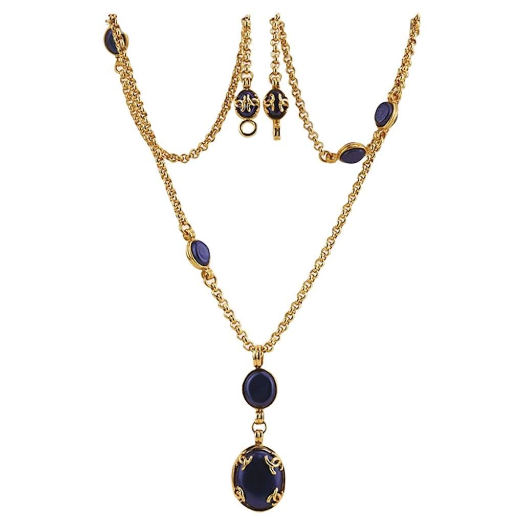 Chanel Gold Plated Blue Oval Gripoix "CC" Pendant Long Necklace