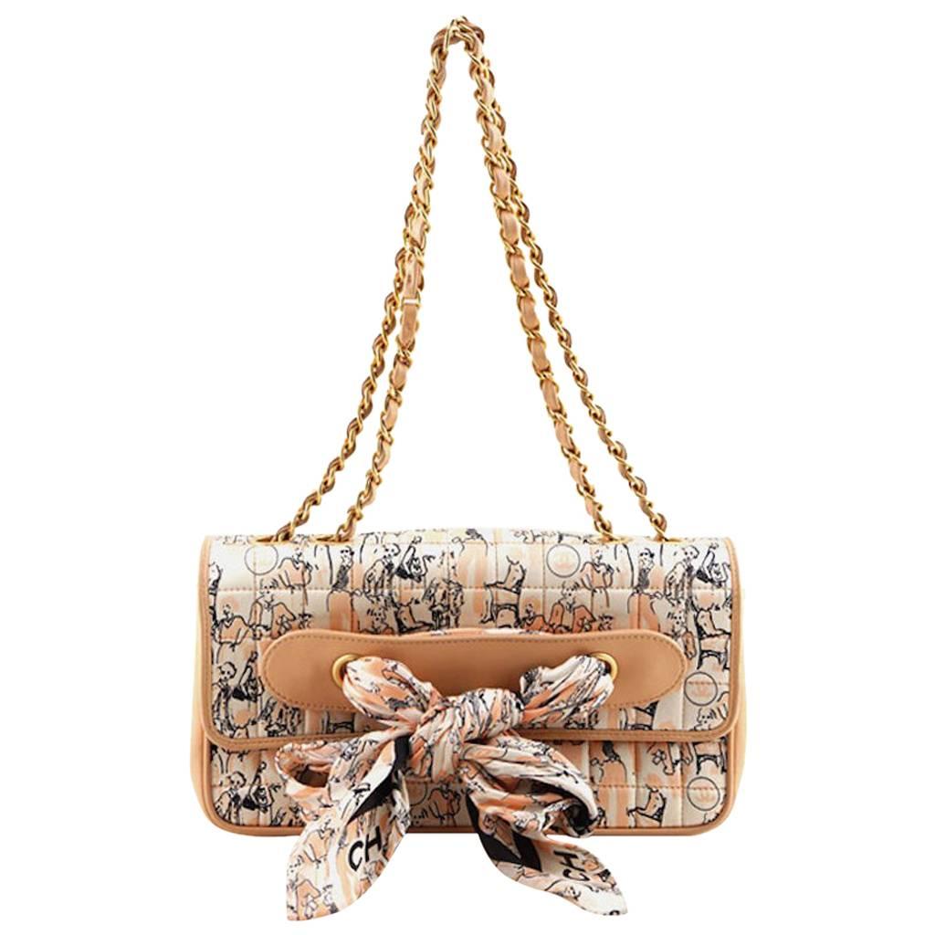Chanel Peach Lambskin with Printed Illustration Silk Scarf Shoulder Bag 