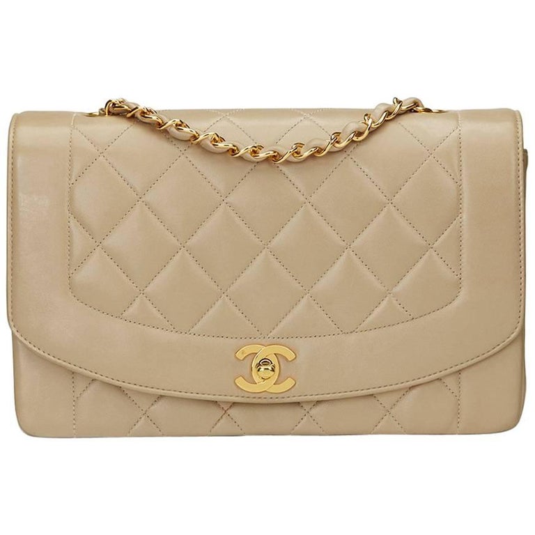 1990s Chanel Beige Quilted Lambskin Vintage Medium Diana Classic