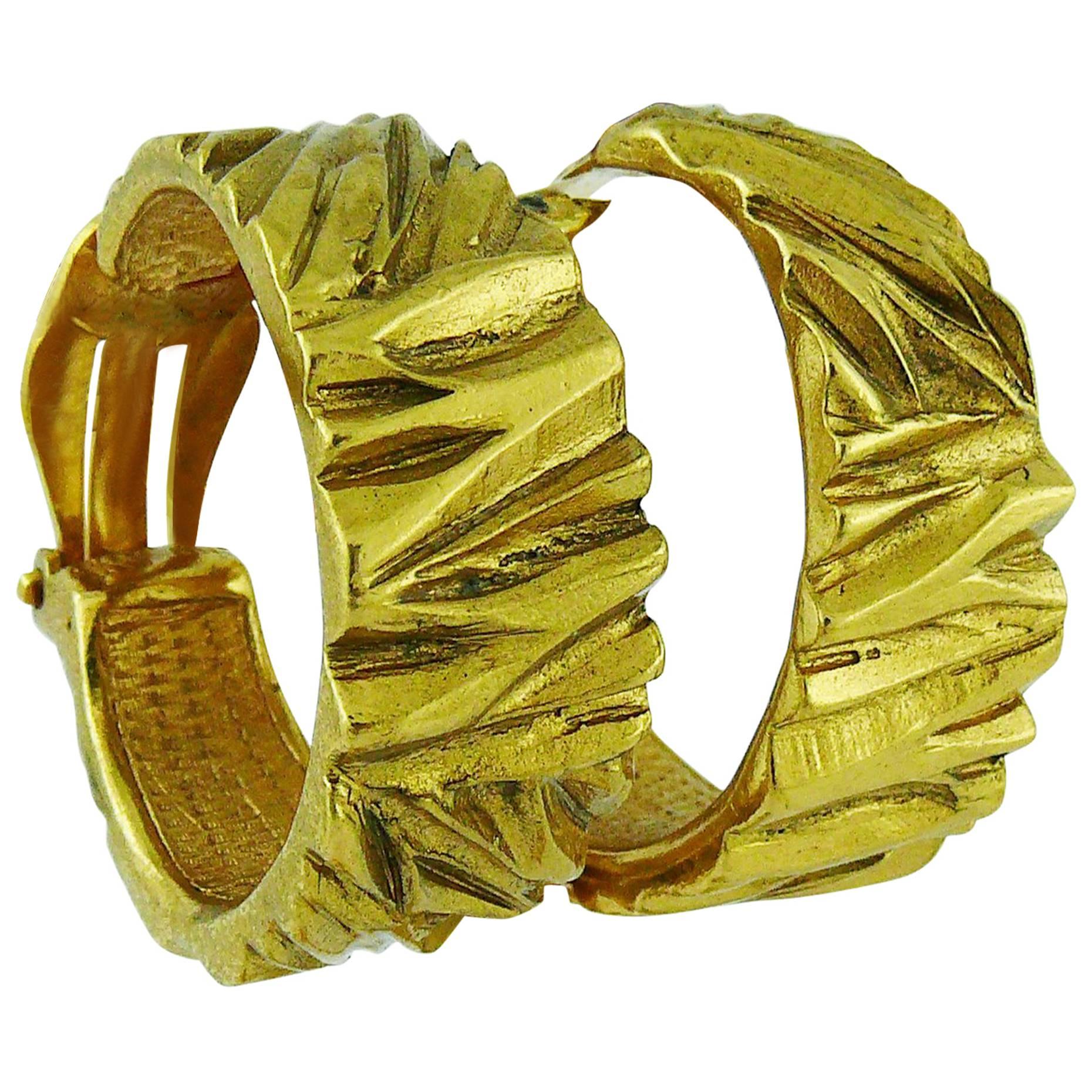 Yves Saint Laurent YSL Vintage Ribbed Gold Tone Hoop Earrings
