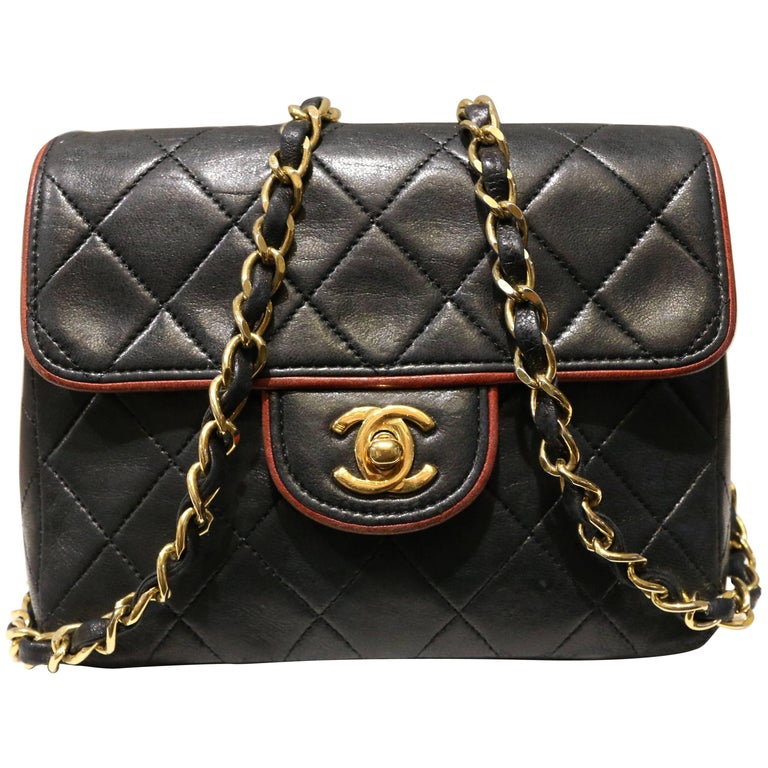 Chanel Black Quilted Lambskin with Burgundy leather piping Shoulder Bag at  1stDibs