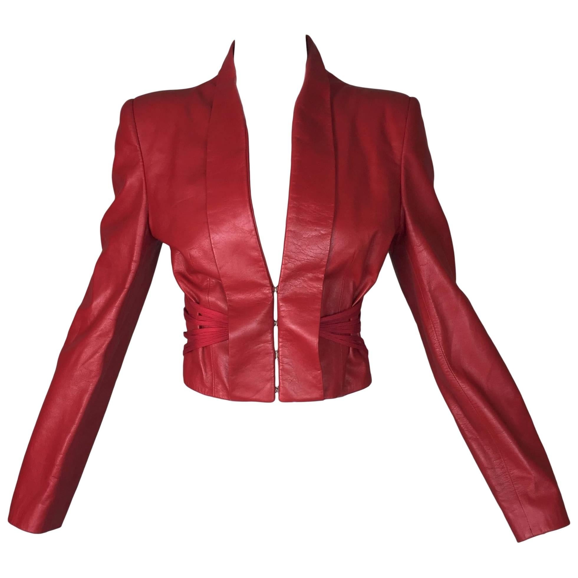 Alexander McQueen Red Leather Cropped Corset Jacket, S/S 2002